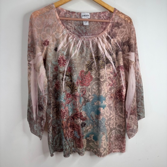 Vintage 90s Fairy Top Asymmetric Bell Sleeve Beaded Pink Retro Angel Chicos L - Picture 8 of 9